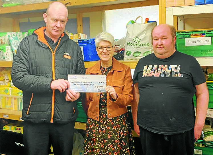 Dumfries (Apex Scotland) Foodbank: Jim McCrossan, GMB Scotland Branch Secretary,  Fiona Dalgleish, Foodbank Manager, Niall Jackson, Volunteer   